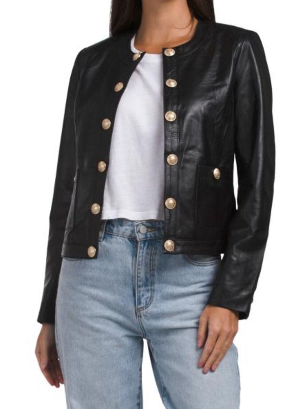BAGATELLE COLLECTION Leather Collarless Open Front Jacket